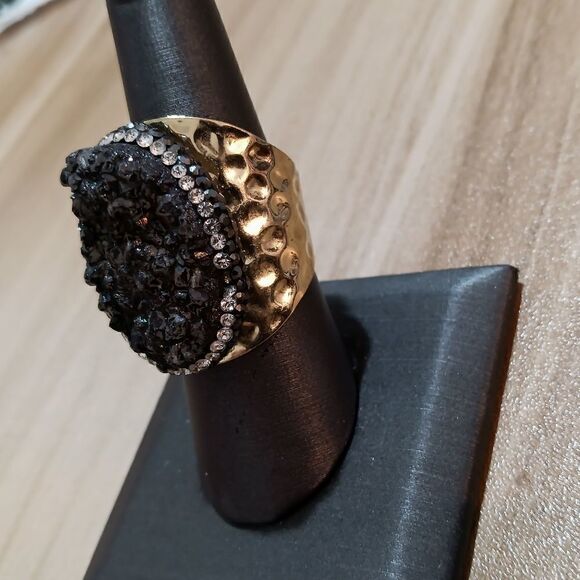 Vintage golden hammered druzy cuff ring - Picture 1 of 10